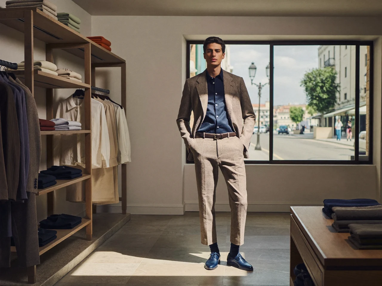 Intérieur lumineux d'une boutique homme avec portants et fenêtre sur une rue du bord de mer