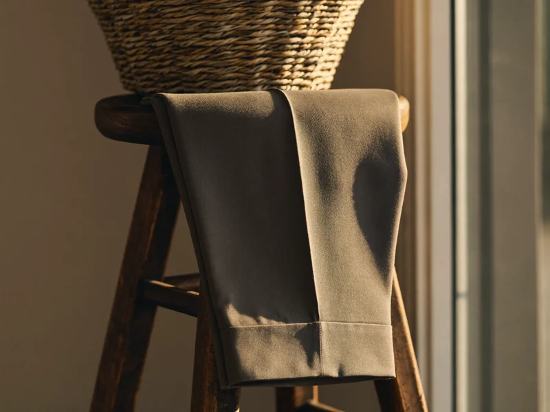 Chino en coton couleur pierre plié sur un tabouret rustique près d'un panier tressé