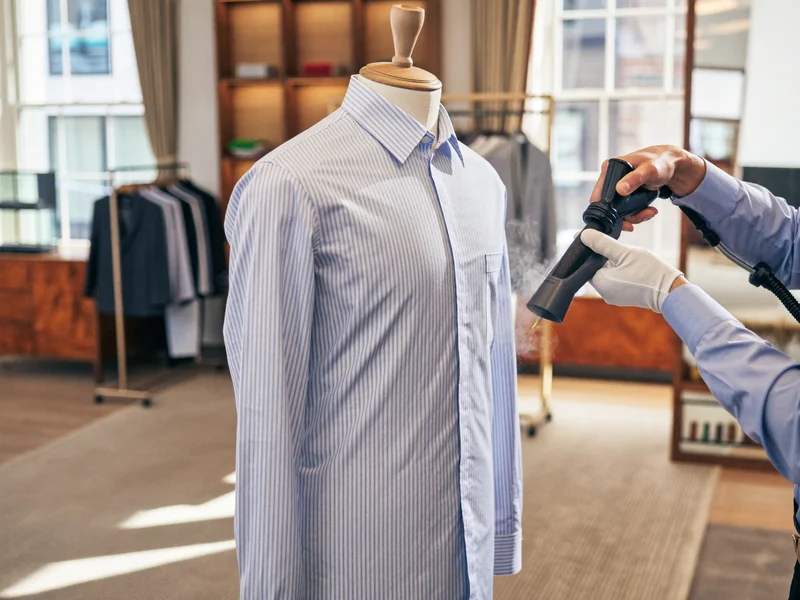 Mains d'un vendeur repassant une chemise à la vapeur sur un mannequin en bois